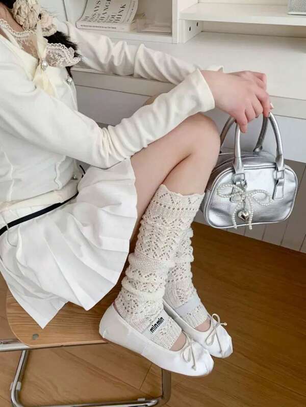 1 Pair Fashionable Vintage Style Women Knitted Hollow Mid-Calf Leg Warmers, Versatile For Autumn/Winter