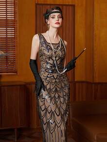 Vestido largo elegante y lujoso de los años 20 para mujer de talla grande con lentejuelas brillantes y cuentas, sin mangas, para fiesta, boda, Navidad, Halloween