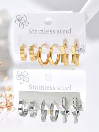 1 Set Of 6pcs Vintage Round & Star Shaped Hoop Earrings, Versatile Daily Wear For Women