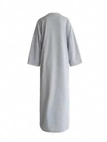 1pc Solid Color Casual Loose Fit Dropped Shoulder Mid-Sleeve Maxi Dress, Suitable For Urban Strolling, Spring/Autumn