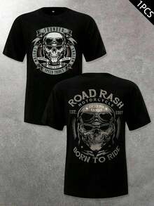 Biker Skull T-Shirt, Men's T-Shirt With Double-Sided Print, Fashionable, Casual, Round Neck, 220 G/M2, Pure Cotton (1 Piece) - 黑色 - 查看 1