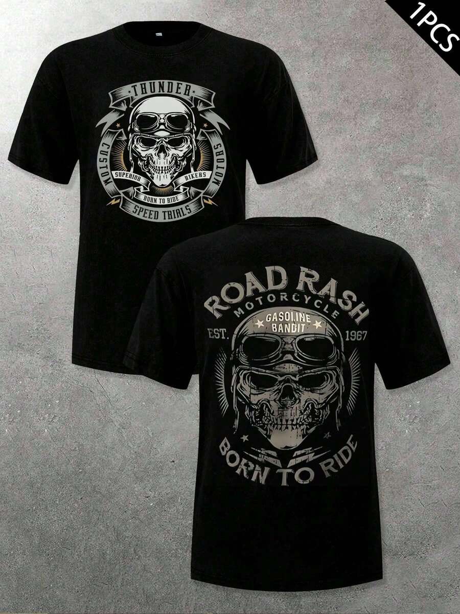 Biker Skull T-Shirt, Men's T-Shirt With Double-Sided Print, Fashionable, Casual, Round Neck, 220 G/M2, Pure Cotton (1 Piece) - 黑色 - 查看 1