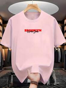 Camiseta "brooklyn United Staty" Moda Casual Estampa Frontal Camisa Confortável 100% Algodão - Rosa Bebê - Visão 3