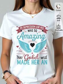 Camiseta blanca de mujer 180g de algodón con diseño gráfico de alas y texto "My Depression Lor Pee Was So Amazing That God Made Her An Angel", elegante, cómoda, cuello redondo, manga corta, ideal para casual y diaria - Blanco - Ver 2