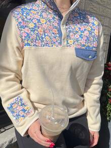 Women's Fleece Pullover Floral Patchwork Collar Pocket Casual Vintage Y2K Top - trắng - Xem 3