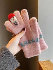 1/3件装毛绒针织圣诞手套 - 触屏可爱雪人手套 保暖学生冬季骑行毛线手套 圣诞礼物 - 彩色 - 查看 5