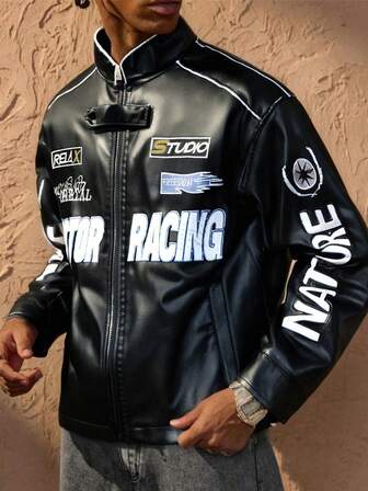 Men's Jackets With Racing Style Pattern, Stand Up Collar, Zipper, Pocket. Suitable For Casual And Street Style