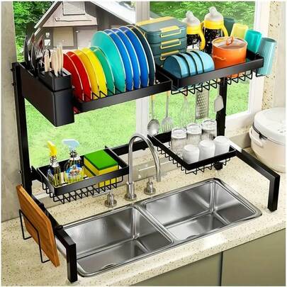 TAIMASI Adjustable Over-The-Sink Dish Drying Rack - Multifunctional Kitchen Organizer With Utensil Holder, Cutting Board Storage & Drain Basket | Space-Saving Counter Solution For: • Labor Day Kitchen Upgrades • Thanksgiving Hosting Prep • Christmas Gift For Home Chefs • New Year's Efficiency Goals