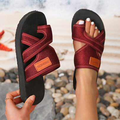 Women's Summer Breathable Flat Open Toe Mesh Slide Sandals, Available In Black, Red Or Brown, With Covered Toe, For Casual Style