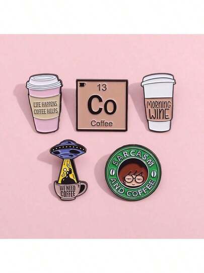 2 件女士欧美风格咖啡英文系列金属胸针，多功能配饰和咖啡爱好者礼物，适用于学校办公室配饰衬衫夹克配饰万圣节、节日派对礼物万圣节配饰教师节珠宝服装配饰包饰