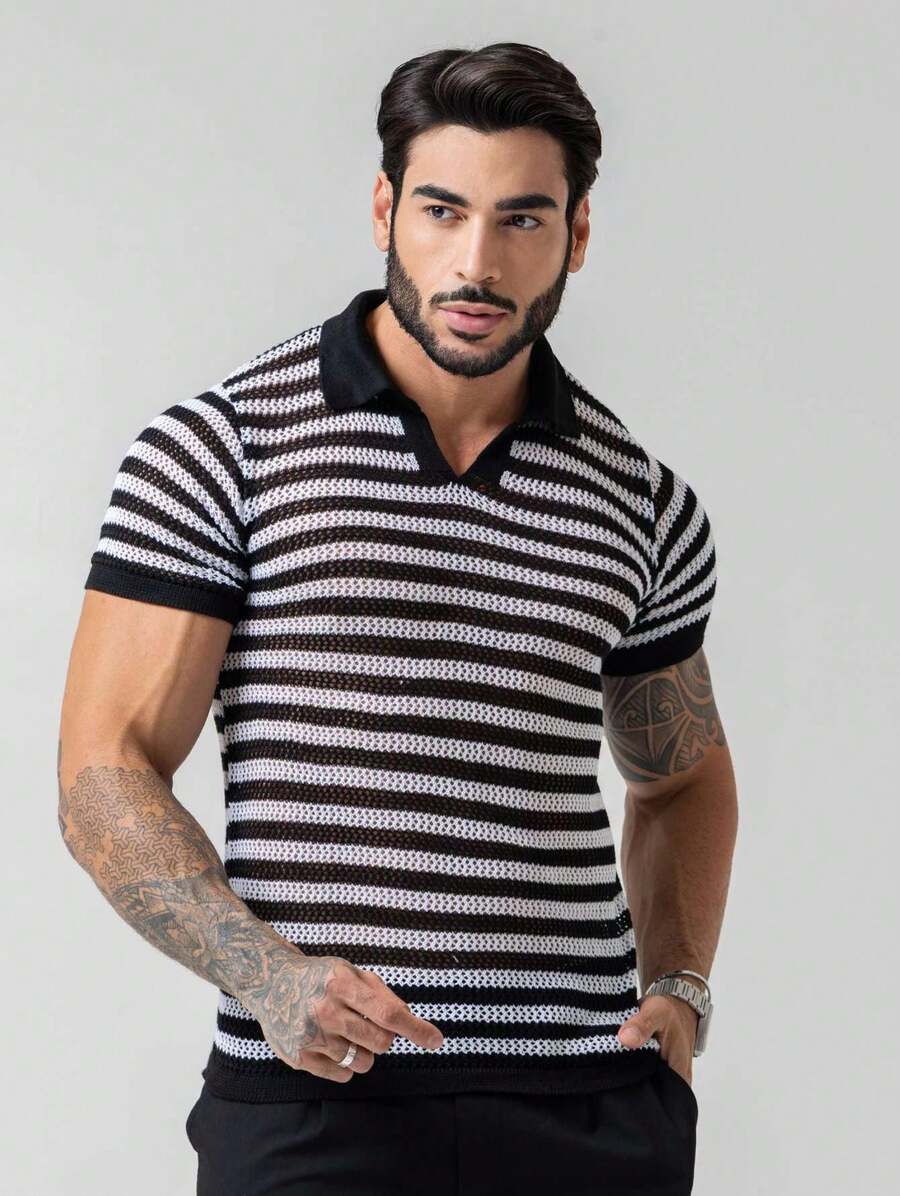 TRICOT DE LUXO Men's Lightweight Textured Striped Polo Collar Knit T-Shirt, High Quality, Spring, Summer, Autumn, Premium Quality - 黑色 - 查看 1