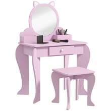 ZONEKIZ Kids Dressing Table, Kids Vanity Table, Girls Dressing Table With Mirror, Stool, Drawer, Storage Boxes, Cat Design, For Ages 3-6 Years - Pink - 粉色 - 查看 2