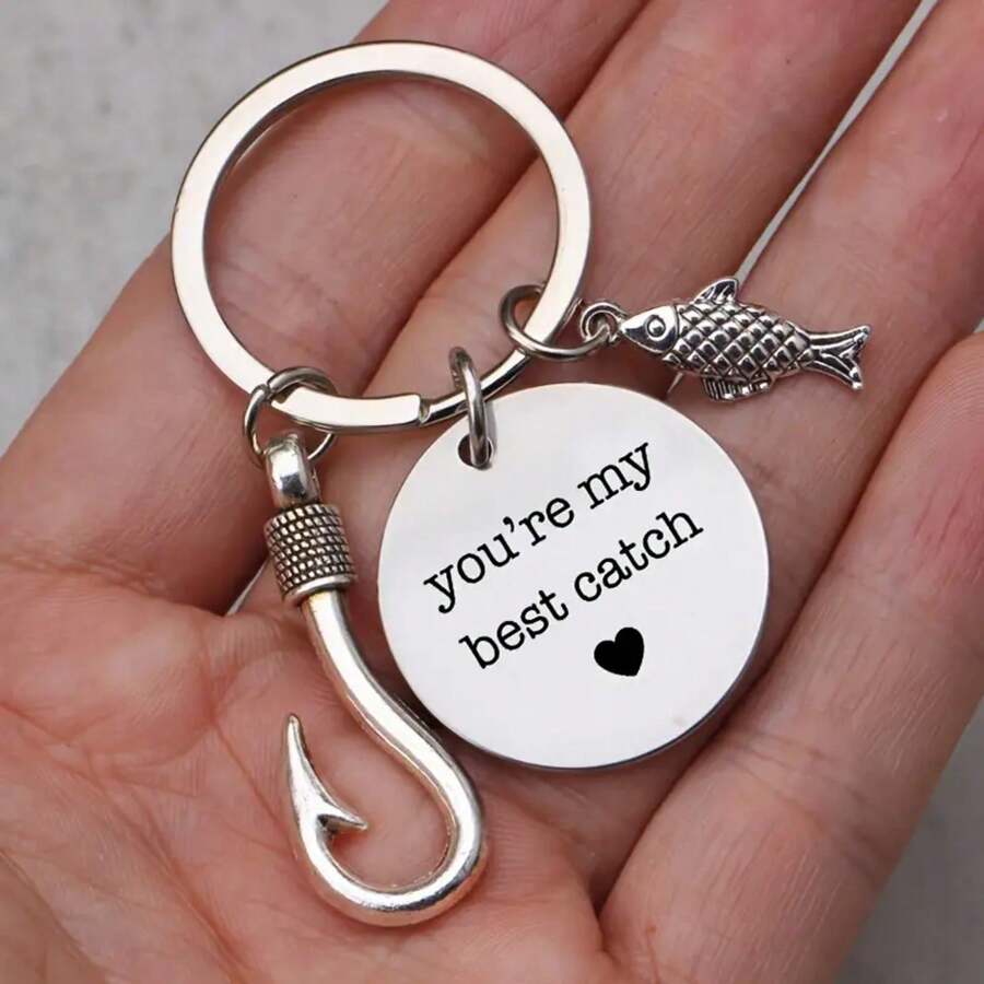 1 Simple Casual "You Are My Favorite" Fish Hook And Fish Pendant Keychain - Men's Stainless Steel Keychain - Perfect Fishing Gift - Silver - View 1