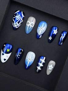 10 pezzi di unghie finte a mandorla, set di unghie finte blu laser primaverili ed estive con decorazioni a stella disegnate a mano, personalizzate e alla moda, adatte per tutti i look quotidiani delle donne