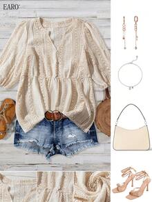 女士宽松休闲 V 领时尚百搭衬衫 - 杏色 - 查看 1