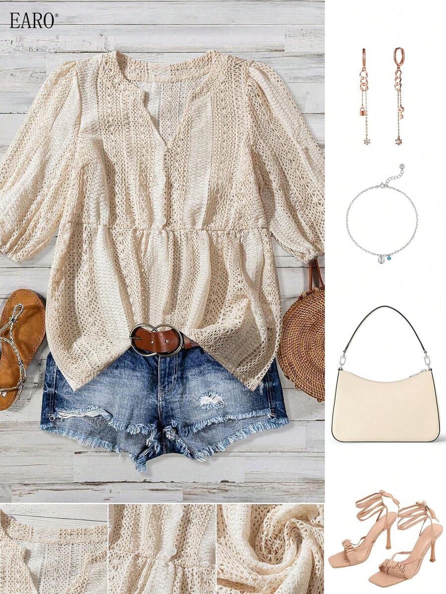 女士宽松休闲 V 领时尚百搭衬衫 - 杏色 - 查看 1