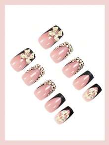 24Pcs Long Square Press On Nails Black French Tip Nails Rhinestone & Gold Bowknot Decorated Luxurious Full Cover For Women Girls Summer Nails Art Charm Dating Office Home Party Nail Supplies Nails - Black 2 - 查看 4