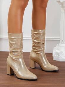 Botas altas de tacón grueso dorado con puntera redonda y caída para mujeres, nuevas botas de montar hasta la pantorrilla para otoño/invierno - Dorado - Ver 4