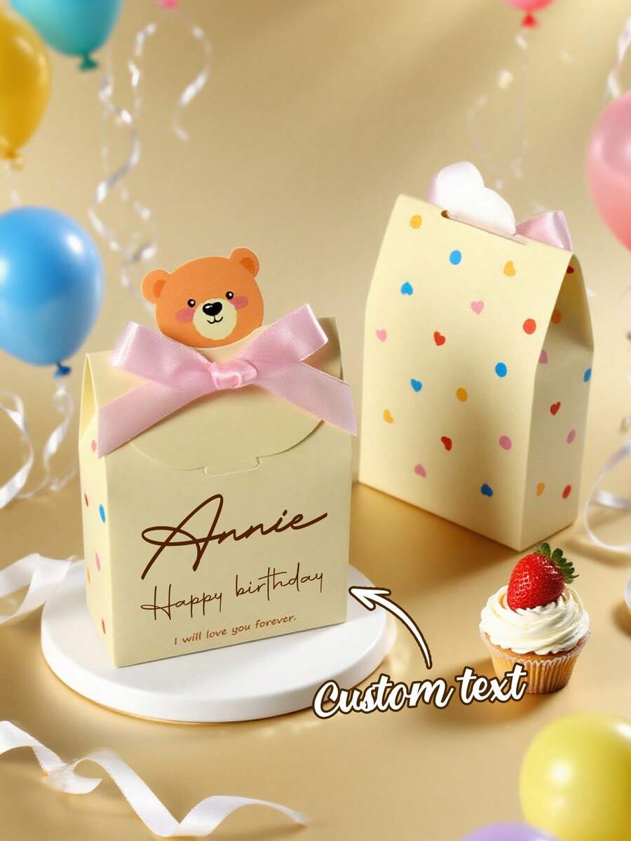 Customized Gift Box, Customized Text Name Logo, Small Bear Square Packaging Box, Party Gift Box, Birthday Gift Box, Pink Bow Knot, Polka Dot Packaging Gift Box, Customized Gift Box - Multicolor - View 1