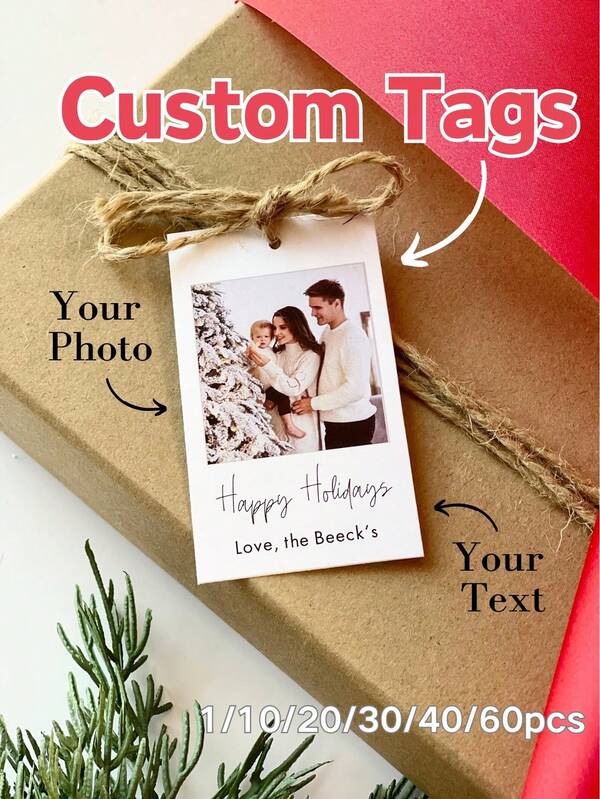 1/10/20/30/40/60 pièces Étiquettes cadeaux de Noël personnalisées de 2 x 3,5 pouces - Étiquettes de fête des vacances avec photo et texte personnalisés, étiquettes en carton pour cadeaux de Noël, faveurs de fête des vacances, emballage cadeau minimal, cadeaux de mariage et d'anniversaire