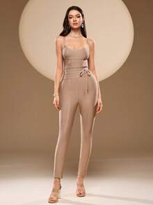 Bernatova Women Camel Sexy Bodycon Sleeveless Jumpsuits High Waist Casual Bandage Long Rompers For Valentine's , Birthday , Commencement/Graduation , Back-To-School , Club Party