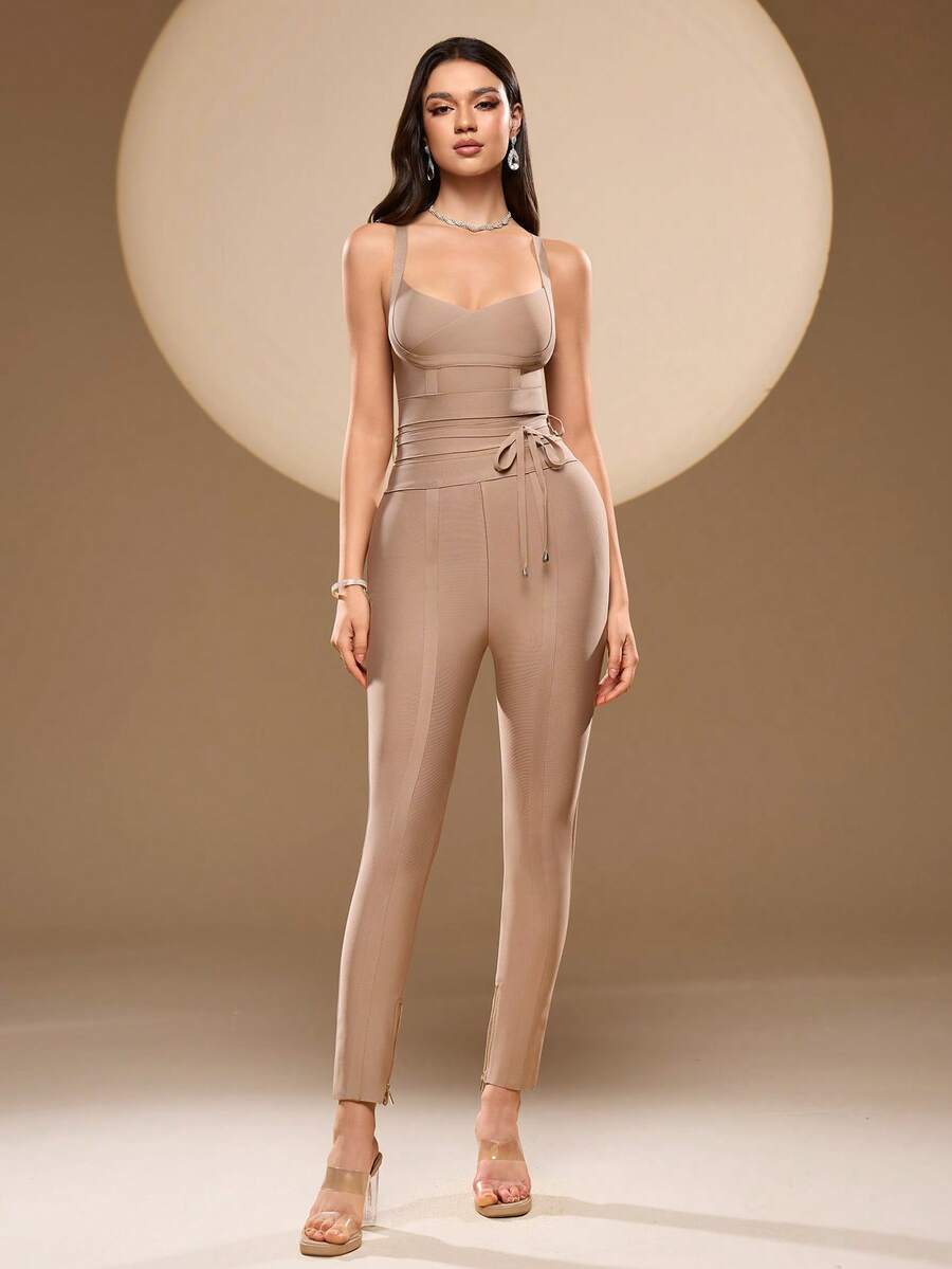 Bernatova Women Camel Sexy Bodycon Sleeveless Jumpsuits High Waist Casual Bandage Long Rompers For Valentine's , Birthday , Commencement/Graduation , Back-To-School , Club Party