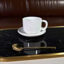 1/2 Set Ceașcă de cafea albă pură de 7oz cu farfurie și lingură, Design minimalist, Ceașcă de cafea ceramică elegantă europeană, Ceașcă de cappuccino, Ceașcă de porțelan negru, Potrivită pentru ceai, espresso, latte și mocha