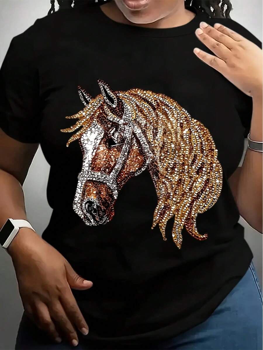 Wo Women's Casual Short Sleeve Crew Neck T-Shirt - Black Horse Graphic Print With Golden Glitter Accents, Lightweight Summer & Spring Top, Machine Washable Regular Fit, Everyday Fashion, Relaxed Sty - 黑色 - 查看 1