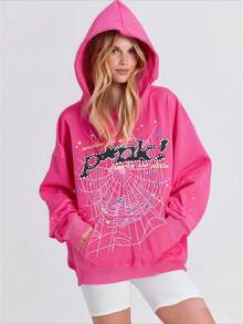 Hoodie Spider Sweater Printed Hoodie Valentine Outfits For Women,Printed On The Back Of The Large Board,Single-Layer Fleece, Casual And Comfortable Velvet Street Wind Long-Sleeved Hooded Sweater, Autumn And Winter Sports Top Hoodies. - Màu Hồng Tươi - Xem 3