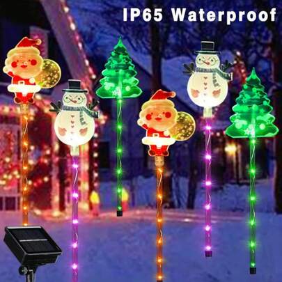 6件太阳能圣诞花园地插灯 - 太阳能圣诞老人、雪人和圣诞树造型，8种照明模式，室内外花园路径灯，适用于圣诞走道、露台、草坪、小径、花园、庭院、节日冬季装饰，带自动开/关灯光传感器，是草坪和庭院的创意装饰，非常适合圣诞节！圣诞树礼品装饰