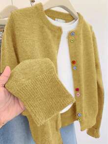 Plus Size Women Colorful Button Casual Long Sleeve Cardigan Round Neck Sweater, Autumn/Winter - Turmeric - View 1