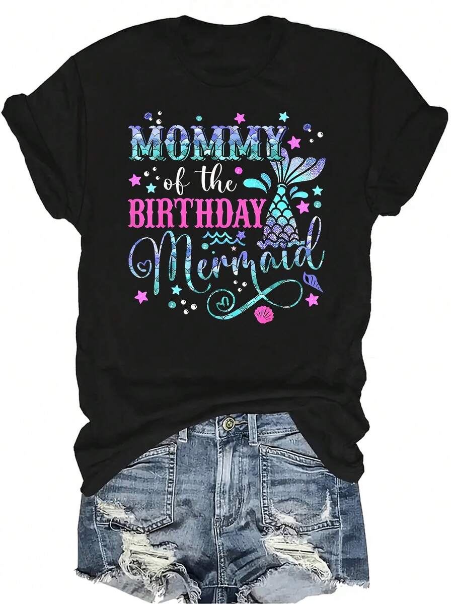 Camiseta de verano unisex con estampado de cola de sirena y letras, de estilo casual y transpirable, con cuello redondo y manga corta, versátil y adecuada para adolescentes y adultos - Negro - Ver 1