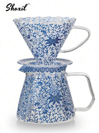 shoxil 1pc 400ml(13.5oz) Blue And White Porcelain Patterned Pour Over Coffee Maker, Lace Pattern Coffee Pot And Coffee Filter, Glass Coffee Kettle And Coffee Dripper, Household Heat-Resistant Glass Coffee Gift Set