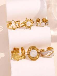 ROMWE Fairycore 6 件套复古奢华百搭优雅独特金色向日葵、星星、花朵、几何树脂女士戒指套装、节日珠宝 - 彩色 - 查看 3
