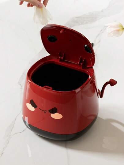 Cute Desktop Trash Can With Lid, Kawaii Small Garbage Bin For Home Office Kitchen Bedroom, Plastic Waste Basket With Handle, Decorative Storage Bin For Bathroom, Dorm, Vanity, 4L Capacity, Milky White/Glitter Red