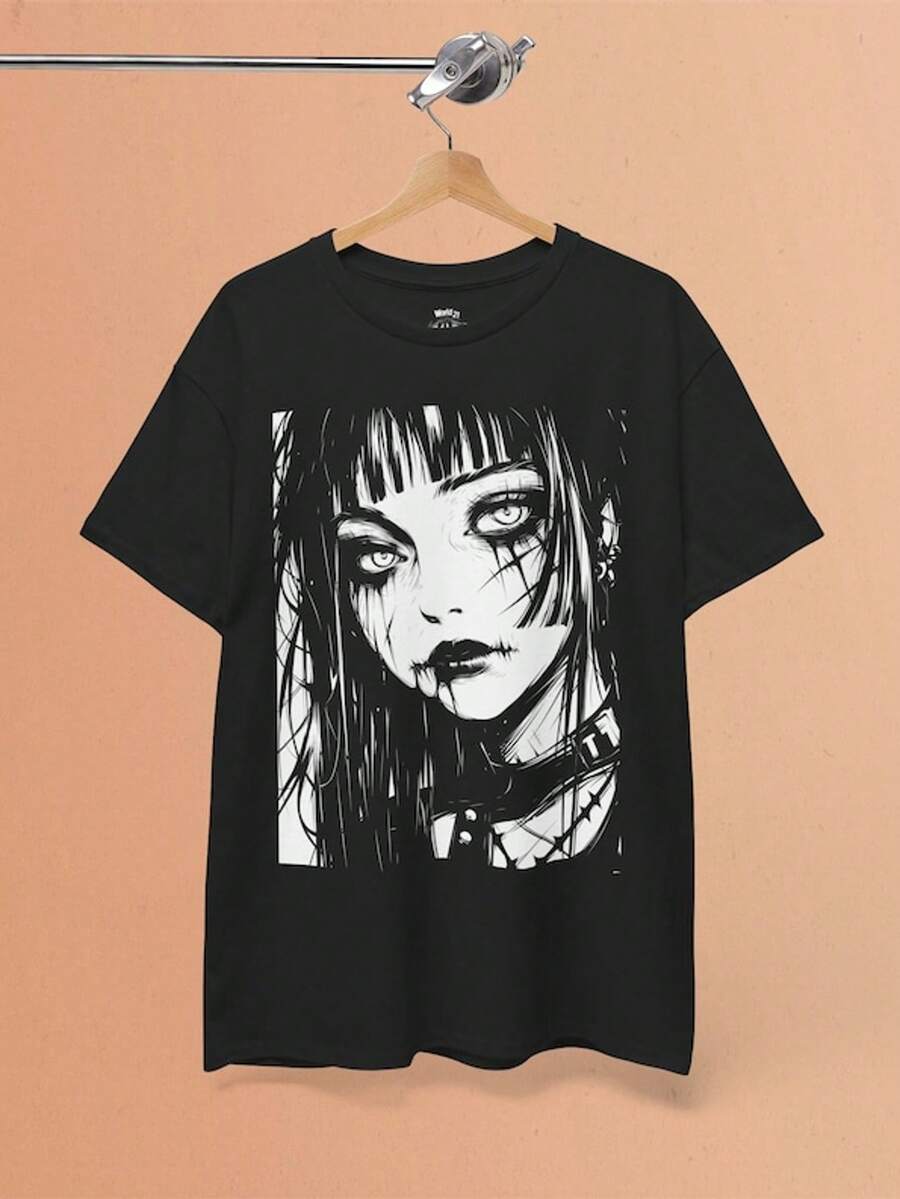 Anime Punk Girl T-Shirt  Pastel Goth, Grunge Shirt, Weirdcore, Anime Shirt, Dark Academia, Gothic , Japanese Harajuku Fashion, Alt Clothing - màu đen - Xem 1