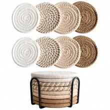 1/4/8pcs Woven Drink Coasters, Round Absorbent Beverage Cup Mats, Handmade Fabric Coasters, Absorbent Coaster Set With Tray, Bohemian Style