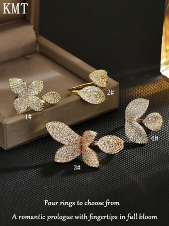 KMT 1枚铜镶嵌立方氧化锆花叶造型优雅别致开口戒指，适合派对、日常佩戴、礼品。