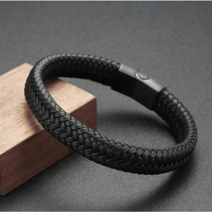 Elegant Men'S Black Woven Faux Leather Bracelet With Sleek Metal Magnetic Clasp And Bead Accents - Casual Style Accessory For Casual Attire - màu đen - Xem 1