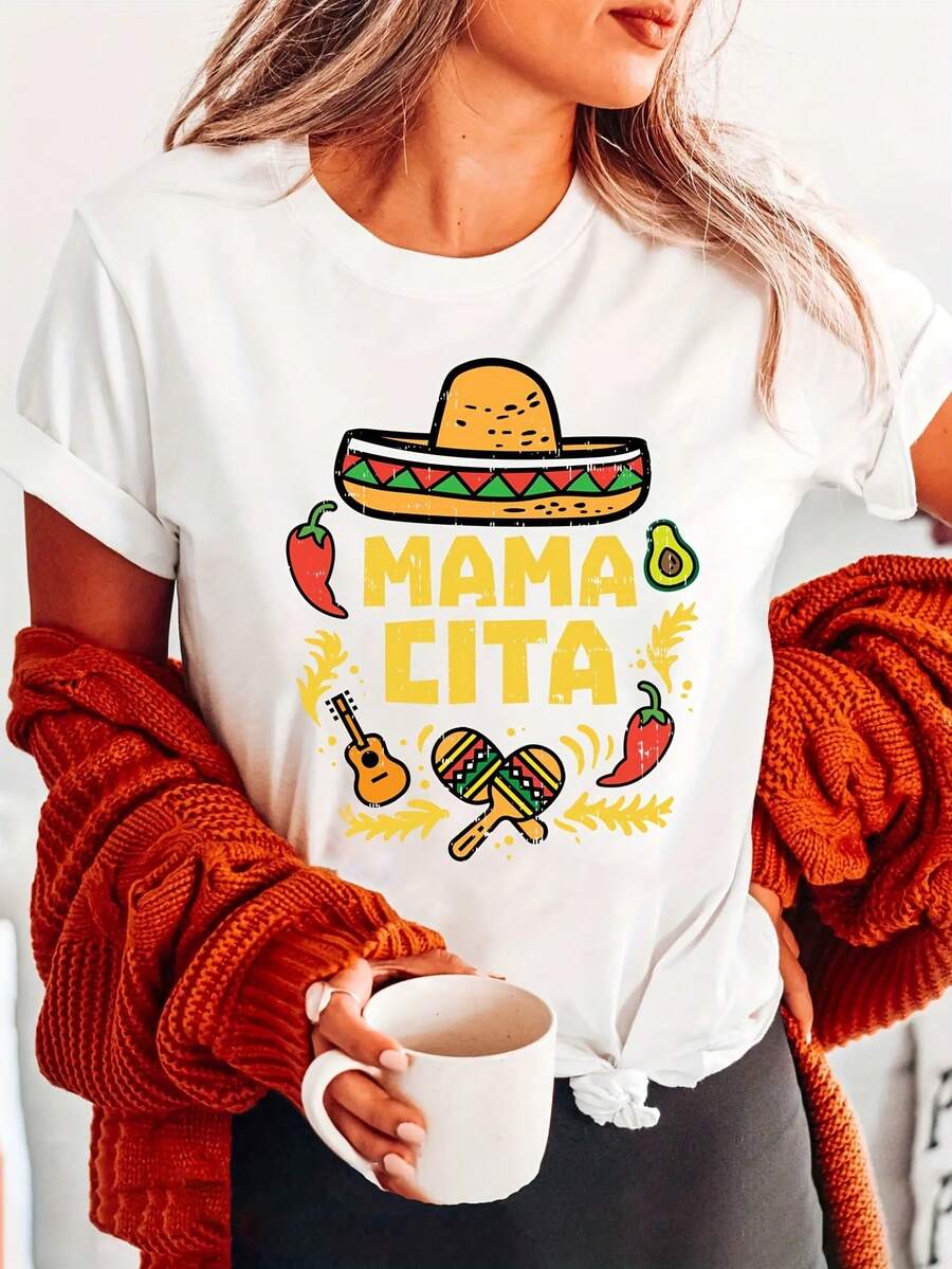 Playera De Cuello Redondo Con Estampado De Mamacita, Manga Corta, Top Casual Para Verano Y Primavera, Ropa De Mujer - blanco - Ver 1