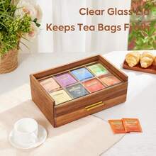 Acacia Wood Tea Bag Organizer, Tea Box With Storage Drawer, 8 Compartments Tea Organizer Tea Bags With Glass Window, Coffee Pods And Tea Organizer Holder Countertop, Tea Station Chest Display2025 - Clear-2 - View 10