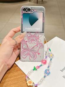 1pc Minimalist Matte PC Material Cute Butterfly Folding Phone Case, Matching Color Bracelet, Protective And Anti-Drop: Compatible With Samsung Galaxy Zflip 3/Zflip 4/Zflip 5/Zflip 6/Zflip 7/OPPO Find N3 Flip/ Razr 50 Ultra/ Razr 60 Ultra/ Razr 60/ Razr 50/Galaxy Z Flip7 FE - Clear - View 7