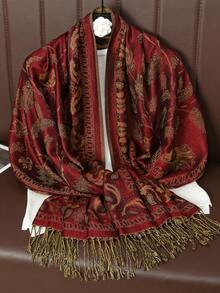 1 件女士花卉和鸟类佩斯利提花围巾，经典复古优雅波西米亚风格时尚花卉和植物休闲百搭提花围巾，适合搭配面纱服装、长袍配饰柔软头巾 - 棗紅色 - 查看 3