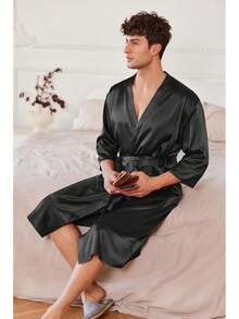 Mens Satin Robe Lightweight Silky Kimono Bathrobe 3/4 Sleeve Spa Knee Length Loungewear With Pockets S-3XLhalloween - 綠湖 - 查看 9