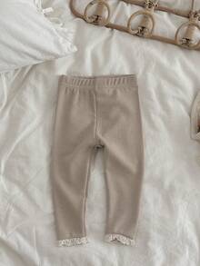 Newborn Baby Girls Solid Color Lace Trim Elastic Leggings, Spring/Autumn