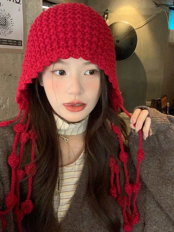 1pc Autumn And Winter Warm Wool Hat Hand-Knitted Hollow Head Hat For Women's Tassel Ear Protection Head Knit Hat Suitable For Christmas Daily