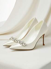 新娘鞋 女士白色高跟鞋，尖头水钻缎面礼服鞋，婚礼派对高跟鞋 圣诞节冬季圣诞礼物 - 白色 - 查看 1