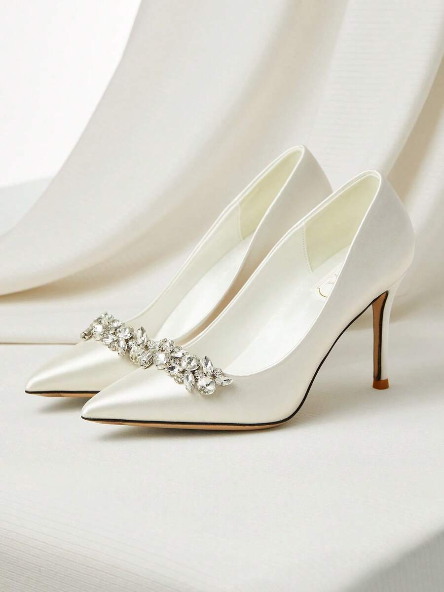 新娘鞋 女士白色高跟鞋，尖头水钻缎面礼服鞋，婚礼派对高跟鞋 圣诞节冬季圣诞礼物 - 白色 - 查看 1