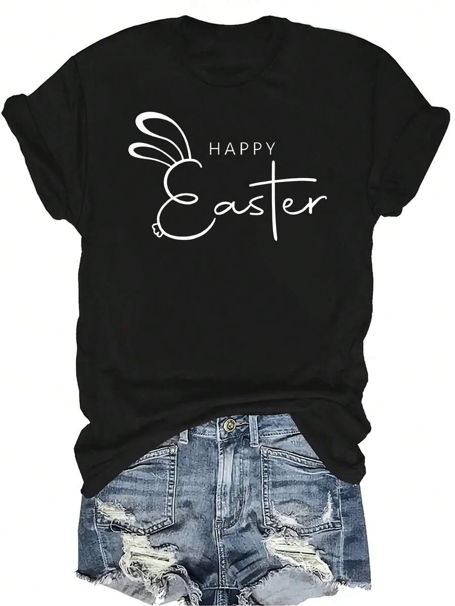 Camiseta de Pascua Feliz Mujer Unisex Verano Casual Transpirable Personalidad Cuello Redondo Manga Corta Camiseta Ropa de Calle Versátil, Adecuada para Adolescentes y Adultos - Negro - Ver 1