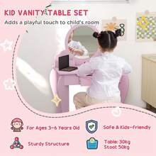 ZONEKIZ Kids Dressing Table, Kids Vanity Table, Girls Dressing Table With Mirror, Stool, Drawer, Storage Boxes, Cat Design, For Ages 3-6 Years - Pink - 粉色 - 查看 3